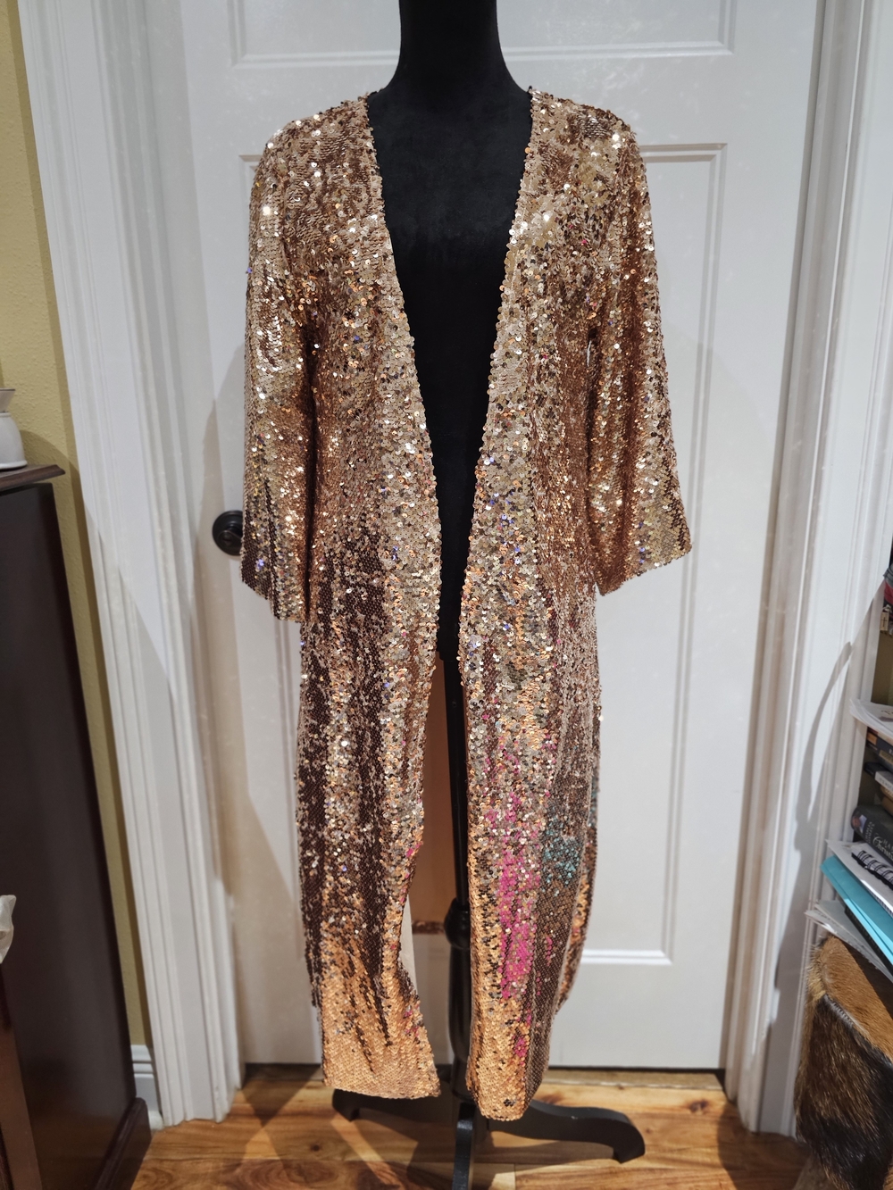 Lucky & Blessed Rose Gold Sequin Lined Kimono with Pockets, NWT
